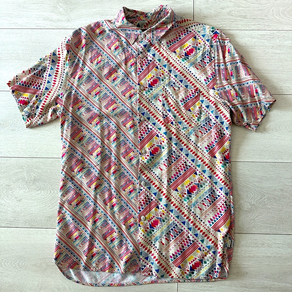 Mens Barney Cools Geometric Dual Print Short Sleeve Button Up Shirt size Small